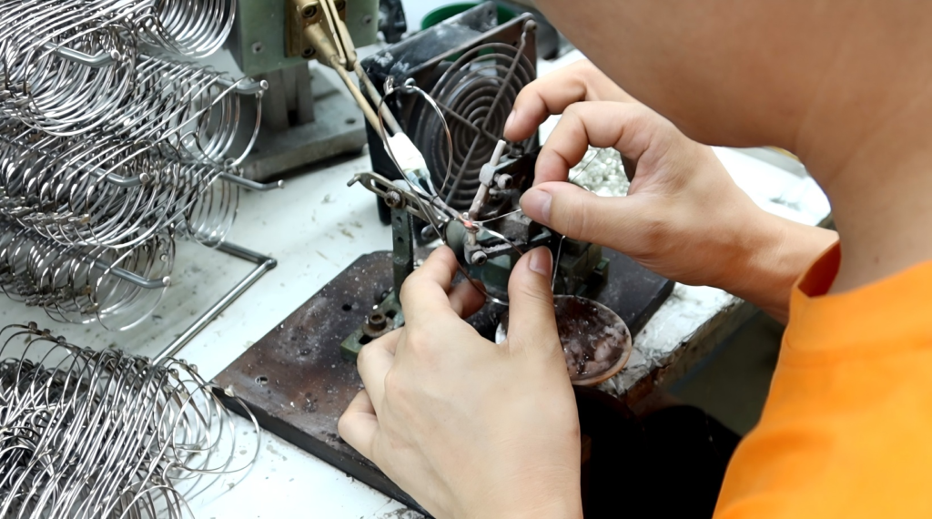 Worker silver soldering metal eyeglass frame, titanium frame welding workshop process