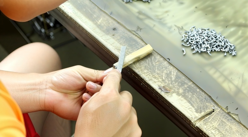 Worker manually grinding metal nose pad for eyeglass frames, fine trimming metal nose pads