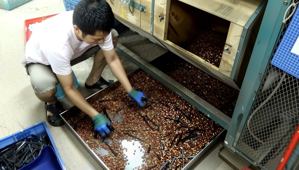 Worker sorting polished wooden eyeglass temple blanks after water tumbler fine grinding