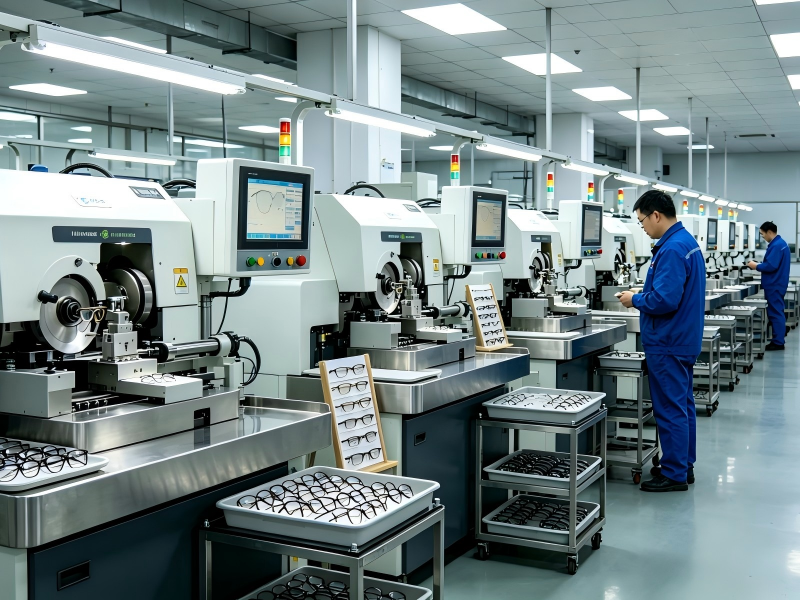 HOME Automatic lens cutting machine for eyewear mass production in a modern optical factory