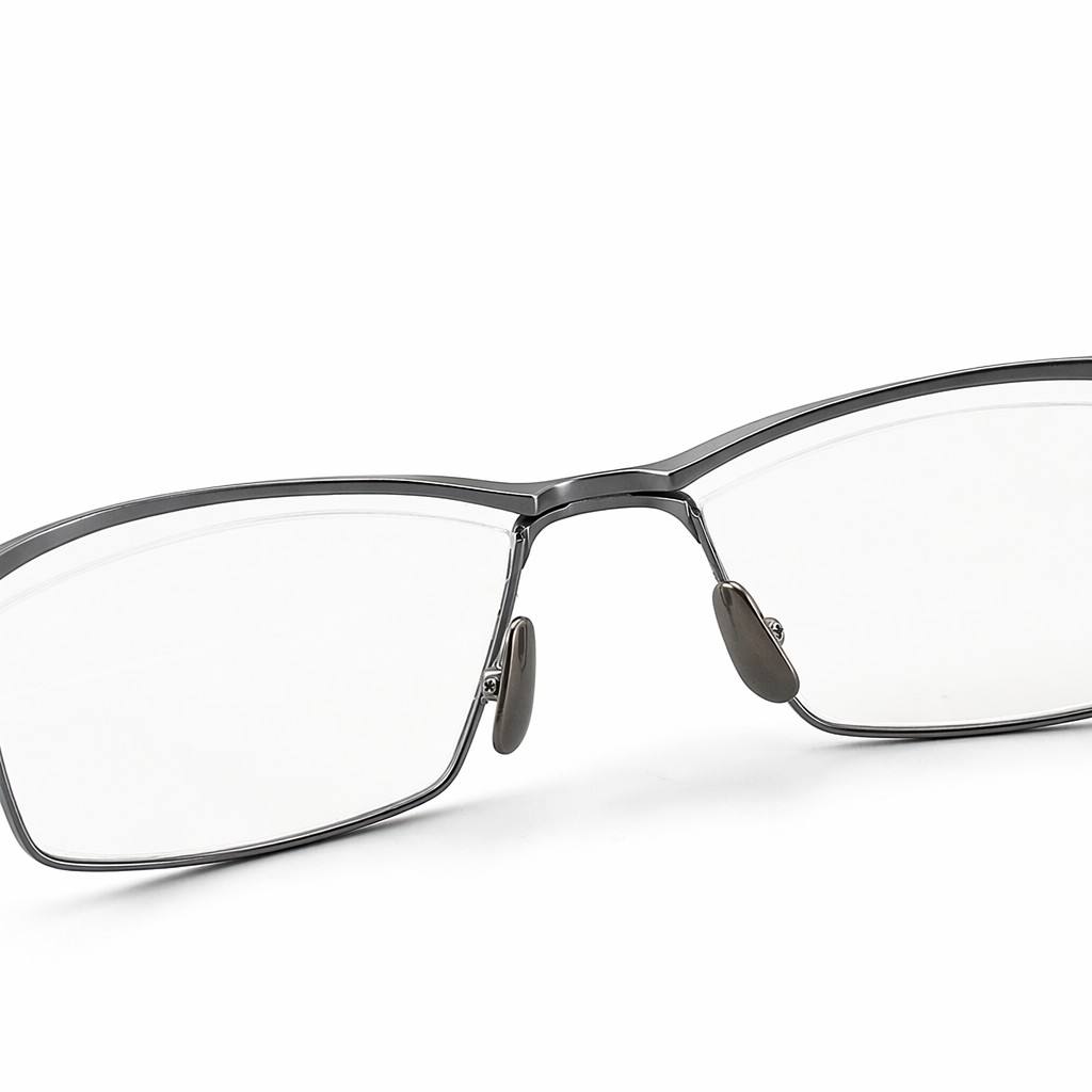 Mellume Titanium Eyewear Integrated Metal Nose Pad Detail Ergonomic titanium metal nose pads detail on gunmetal titanium frames
