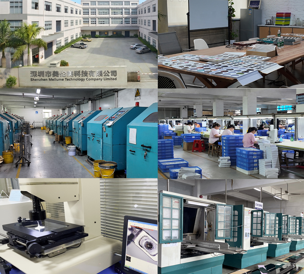 Inside Mellume Eyewear Manufacturing Facility Mellume Eyewear factory including production workshop, CNC machining, quality inspection laboratory and assembly line.