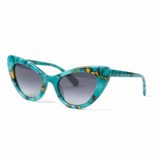 bespoke turquoise matrix cat‑eye sunglasses MEEW047 side view, marbled hand‑polished acetate frame, gradient smoke lens luxury eyewear