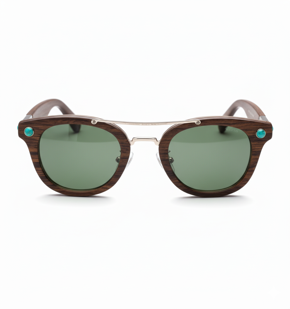 Bespoke Walnut Wood‑Grain Acetate Sunglasses MEEW048 Front‑View bespoke walnut wood‑grain acetate sunglasses MEEW048 front view, metal double bridge, turquoise stone decor, green polarized lenses
