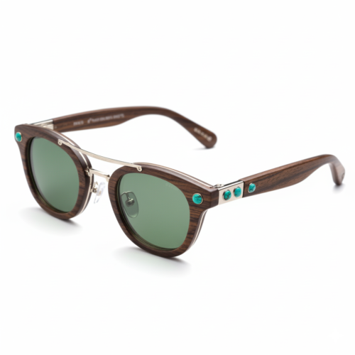 bespoke walnut wood grain acetate sunglasses MEEW048 side view, double‑bridge frame with turquoise stone inlay, green polarized lens