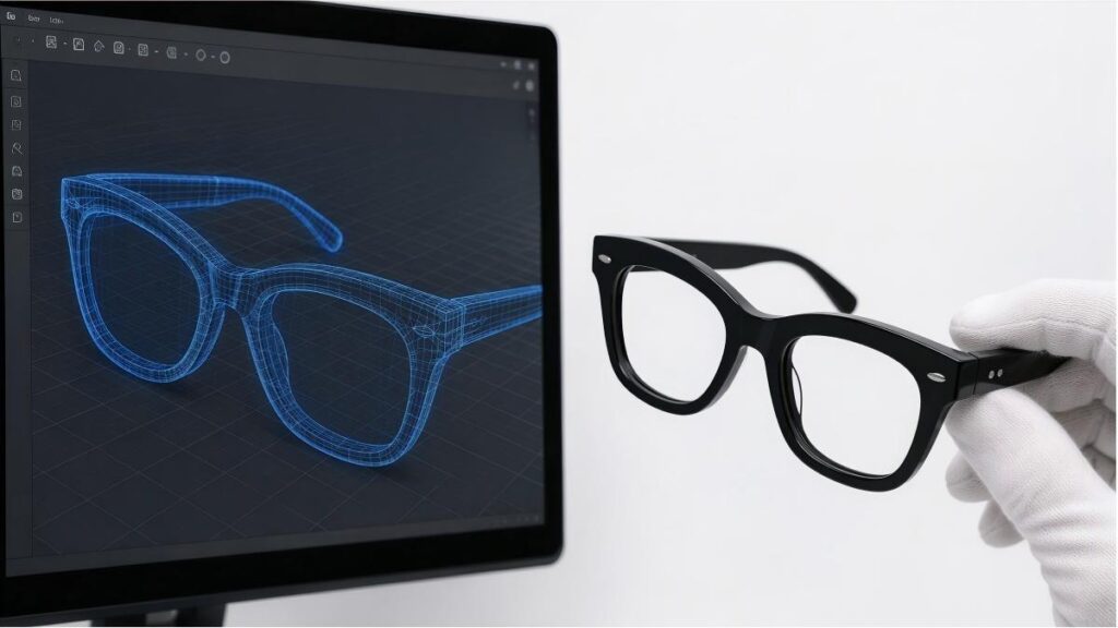 CAD to Prototype: The First 14 Days of a Custom Eyewear Project CAD wireframe model of an eyewear frame on screen compared with a physical acetate prototype in hand — the custom eyewear prototyping process