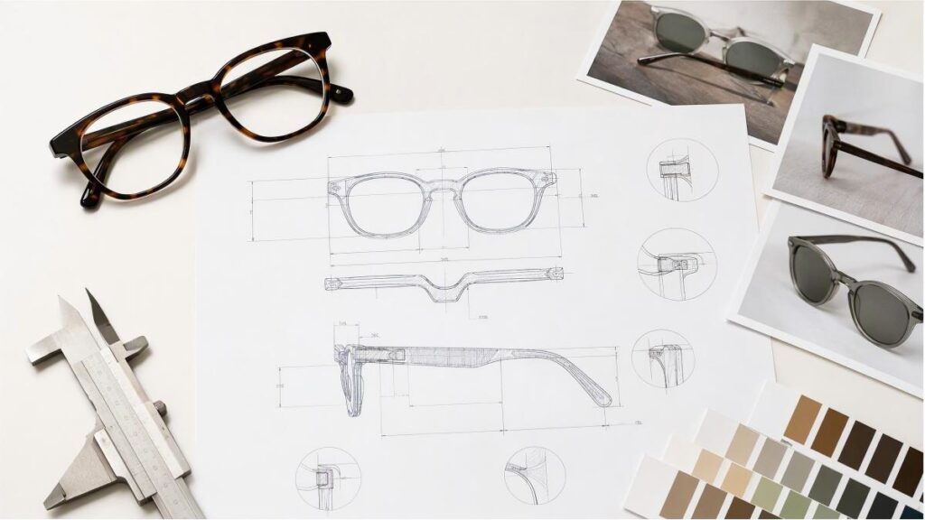 How to Communicate Your Design to a Factory: References, Spec Sheets, and Common Mistakes Custom eyewear design specification sheet with acetate frame reference and dimensional measurements for OEM manufacturing