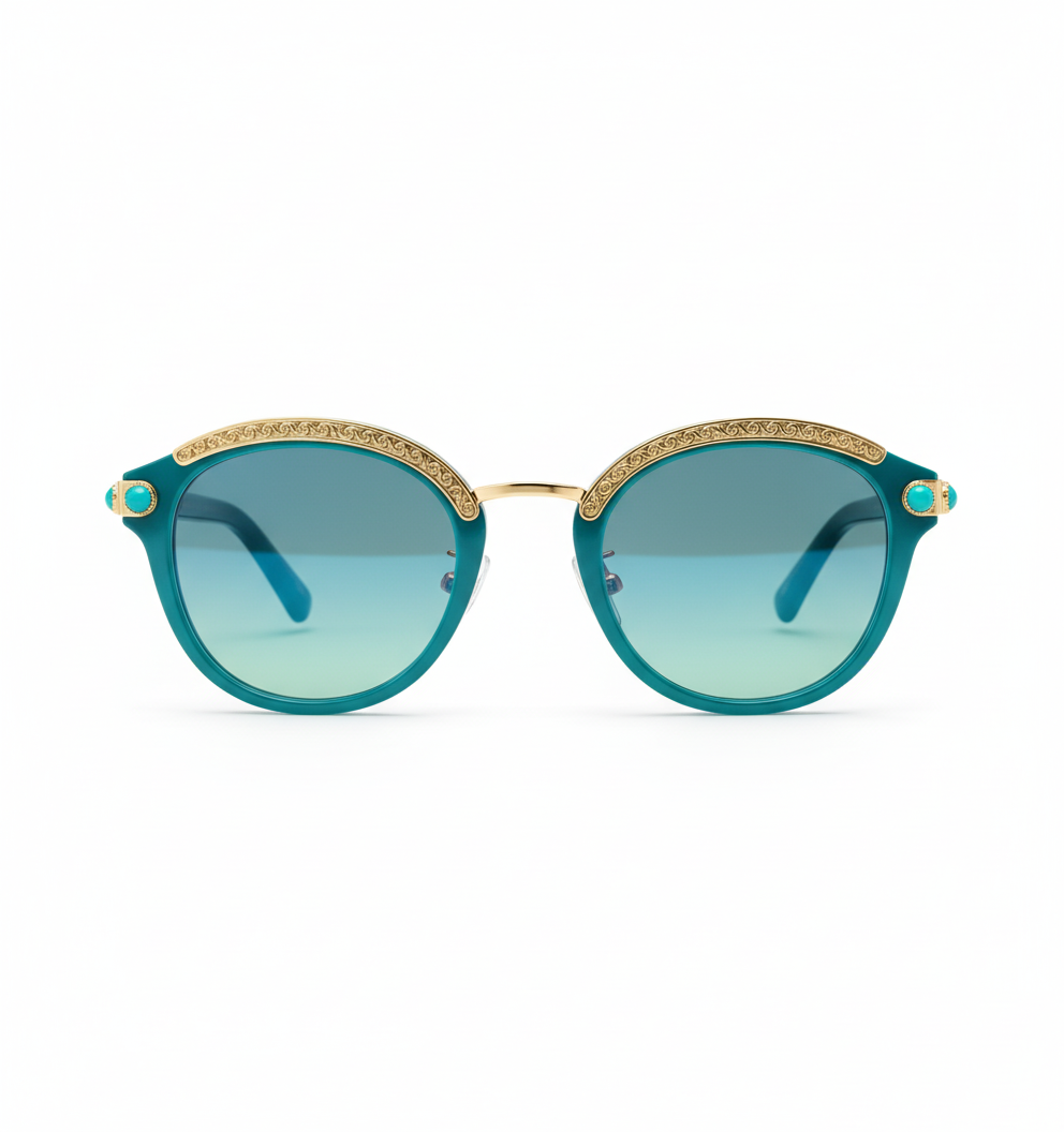 Bespoke High‑Jewelry Round Sunglasses MEEW046 Front‑View bespoke high‑jewelry round sunglasses MEEW046 front view, hand‑polished custom gem‑pattern acetate, 24K gold‑plated filigree ornament, gradient green lens women luxury eyewear