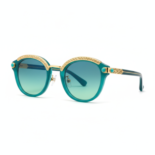 high‑jewelry round sunglasses MEEW046 side‑view, hand‑polished custom gem‑pattern acetate, 24K gold‑plated filigree metal, gradient green lens for women bespoke eyewear