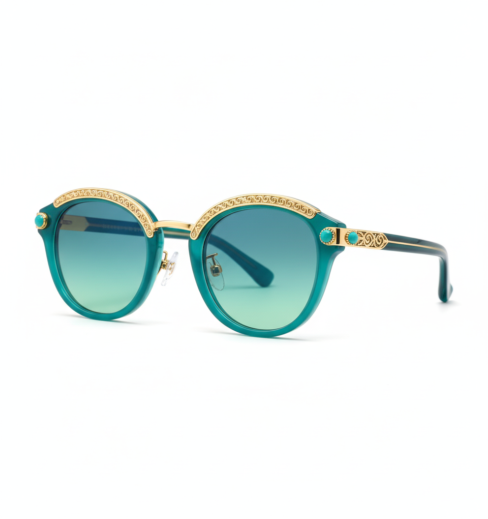 Bespoke High‑Jewelry Round Sunglasses MEEW046 Side‑View high‑jewelry round sunglasses MEEW046 side‑view, hand‑polished custom gem‑pattern acetate, 24K gold‑plated filigree metal, gradient green lens for women bespoke eyewear