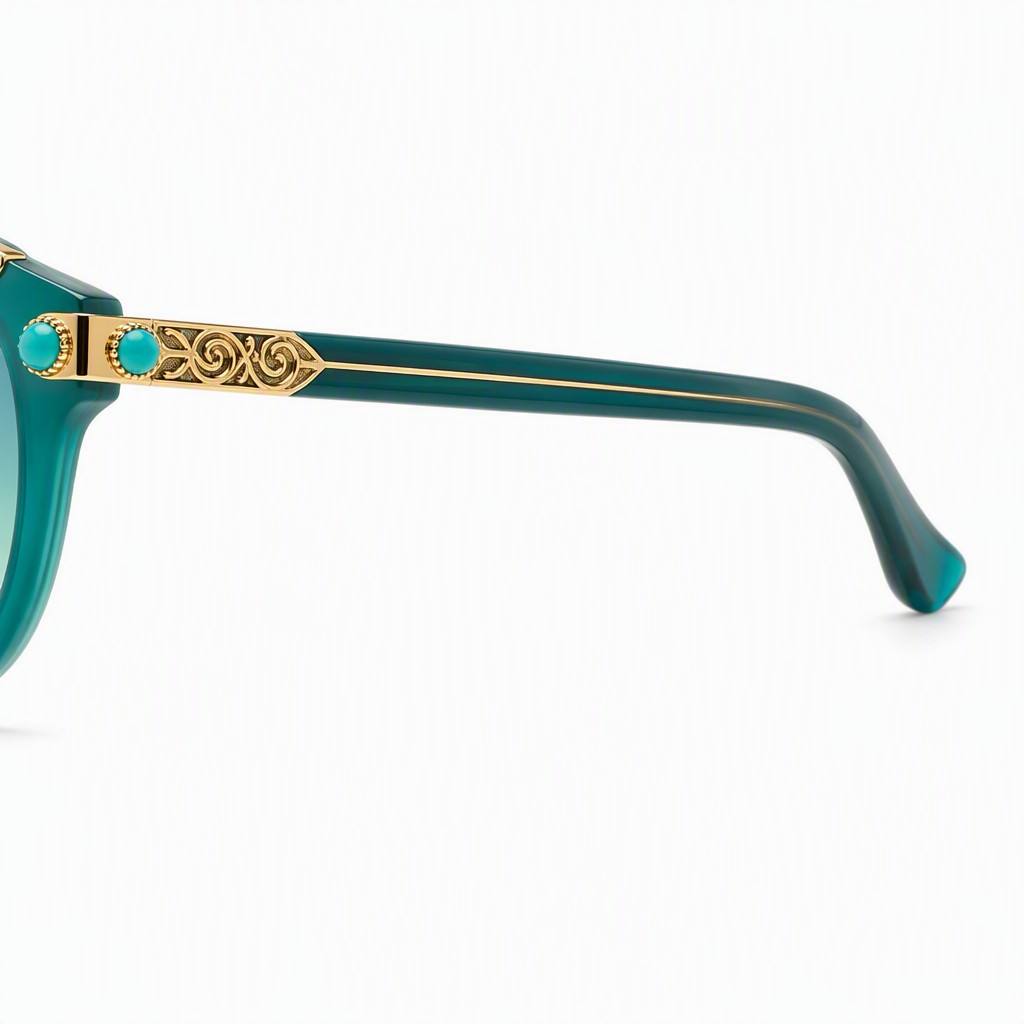 Bespoke High‑Jewelry Sunglasses MEEW046 Temple Close‑up bespoke high‑jewelry sunglasses temple detail MEEW046, 24K gold‑plated filigree, hand‑selected natural turquoise cabochons, hand‑polished gem‑pattern acetate temple arm