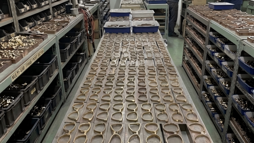 How Custom Eyewear Mold Development Works: From Your Sketch to Finished Frame Precision-machined steel eyewear mold with CAD wireframe model and finished acetate frame — custom mold development process from sketch to production