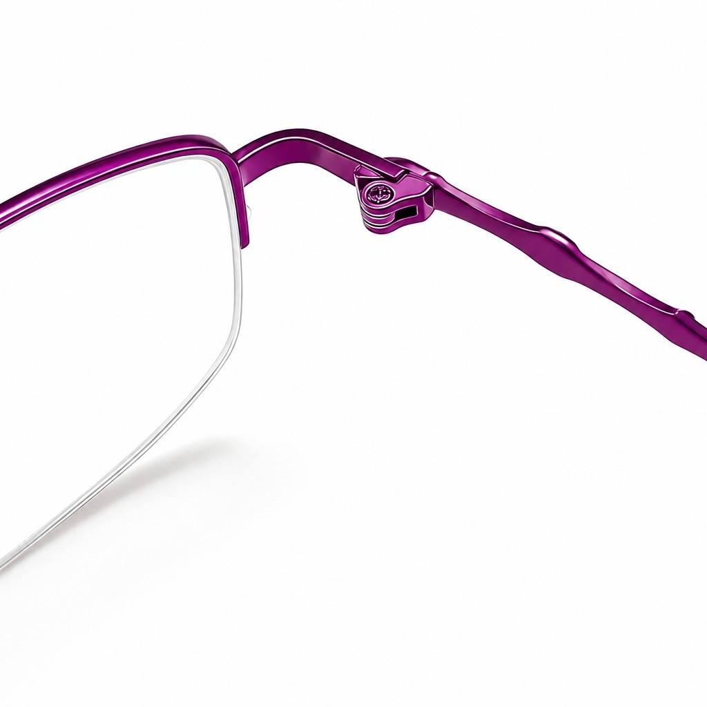 Custom Women Progressive Multifocal Reading Glasses Semi Rimless Purple Hinge Detail Custom Women Progressive Multifocal Reading Glasses Semi Rimless Purple Hinge Detail - Custom Eyewear Manufacturer