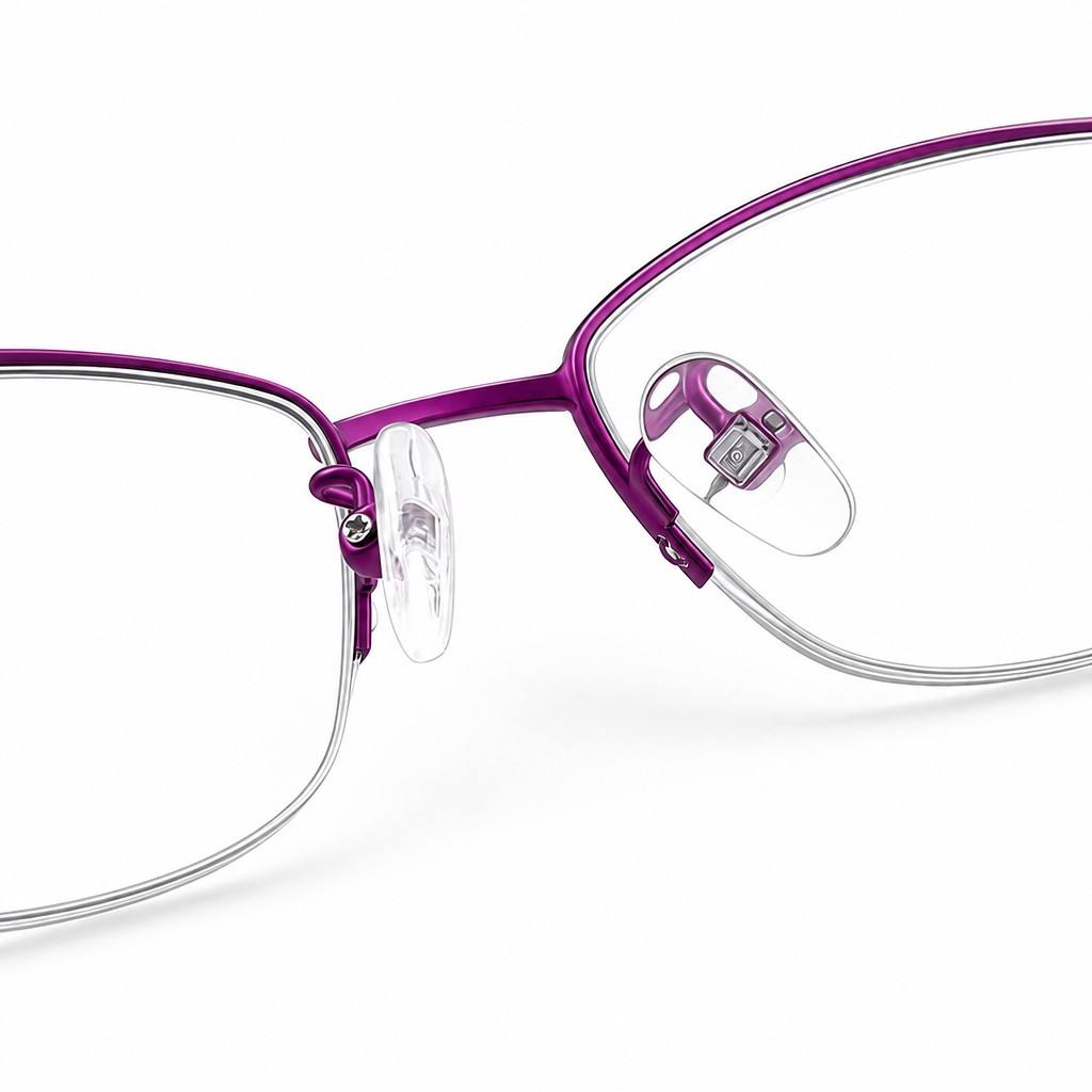 Custom Women Progressive Multifocal Reading Glasses Semi Rimless Purple Nose Pad Detail Custom Women Progressive Multifocal Reading Glasses Semi Rimless Purple Nose Pad Detail - Custom Eyewear Manufacturer