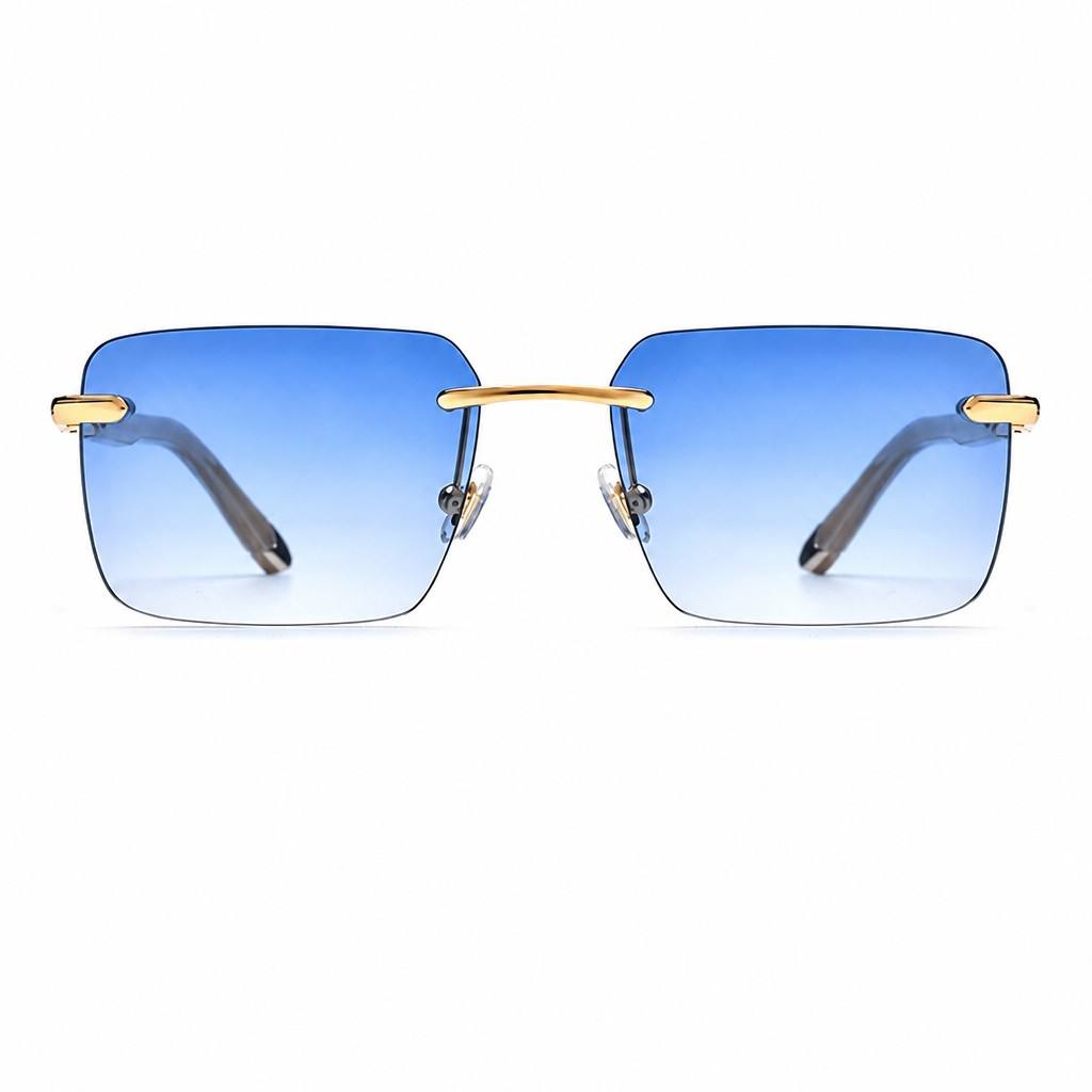 Custom Rimless Buffalo Horn Sunglasses Blue Gradient Lenses Front View Custom Rimless Buffalo Horn Sunglasses Blue Gradient Lenses Front View - Custom Eyewear Manufacturer