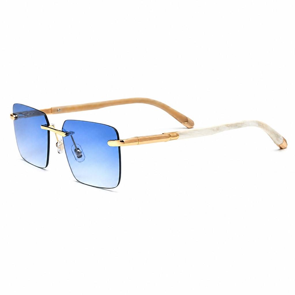 Custom Rimless Buffalo Horn Sunglasses Blue Gradient Lenses Side View Custom Rimless Buffalo Horn Sunglasses Blue Gradient Lenses Side View - Custom Eyewear Manufacturer