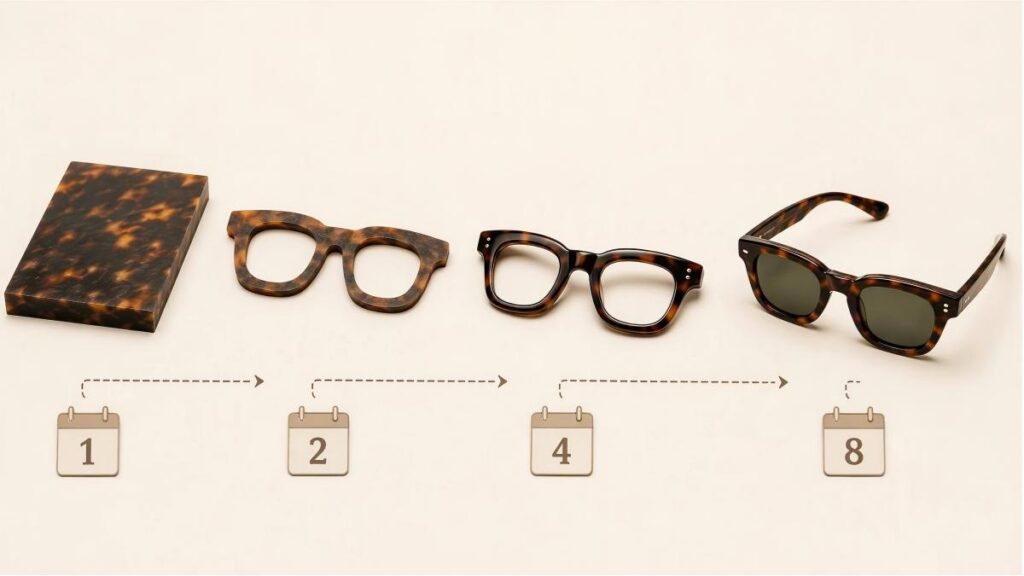 The Full OEM Timeline of Acetate Frames: 6-8 Weeks from Design Approval to Mass Production Full OEM timeline of acetate frames from raw sheet to finished sunglasses — 6-8 weeks from design approval to mass production