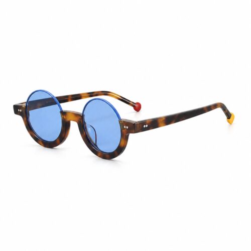 Custom Tortoise Shell Blue Lens Round Acetate Sunglasses Main View - Custom Eyewear Manufacturer