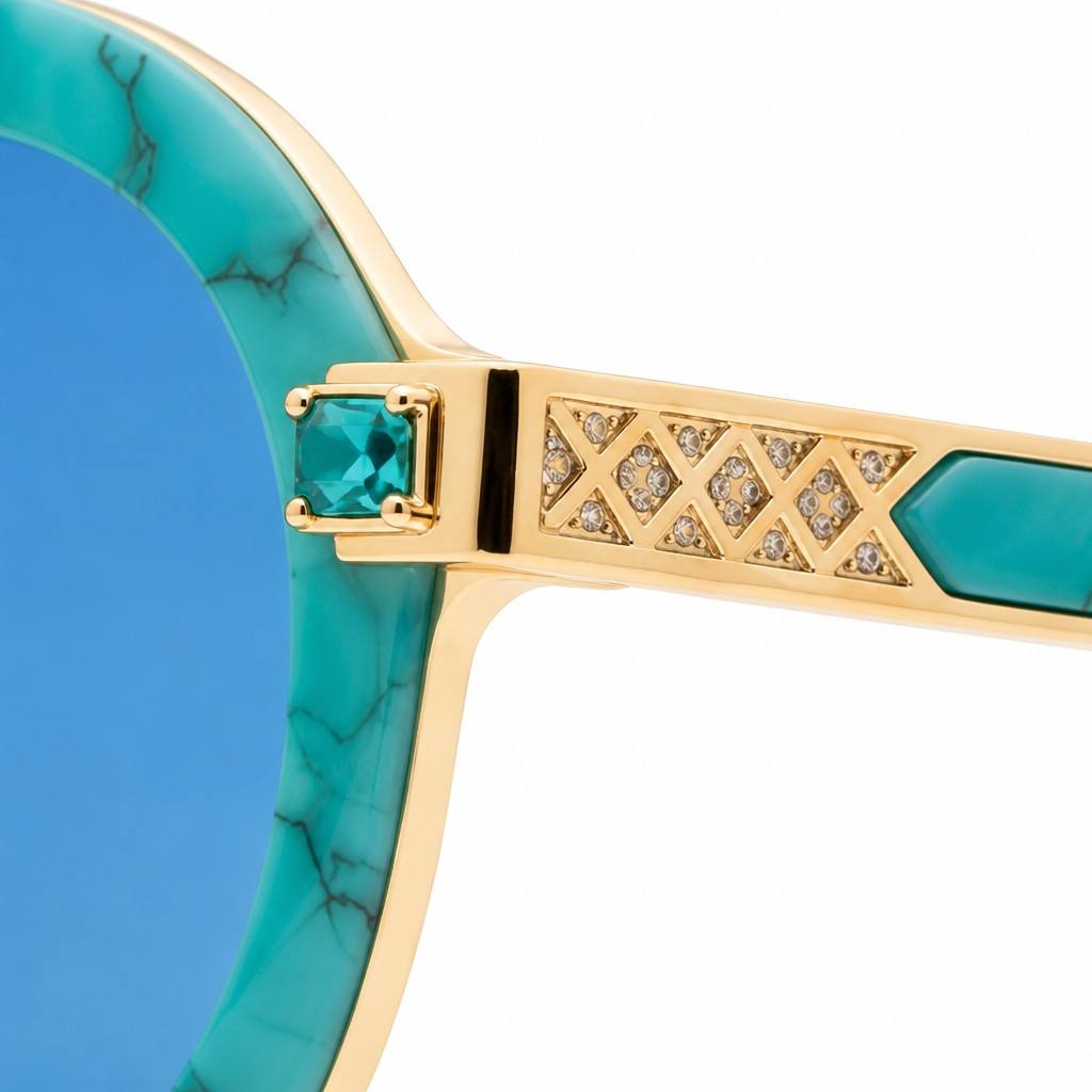 MEEW045 Sunglasses Hinge & Metal Temple Close‑Up Detail close‑up of MEEW045 sunglasses hinge detail, prong‑set emerald‑green crystal, rhombus hollow paved metal temple, turquoise marble acetate frame