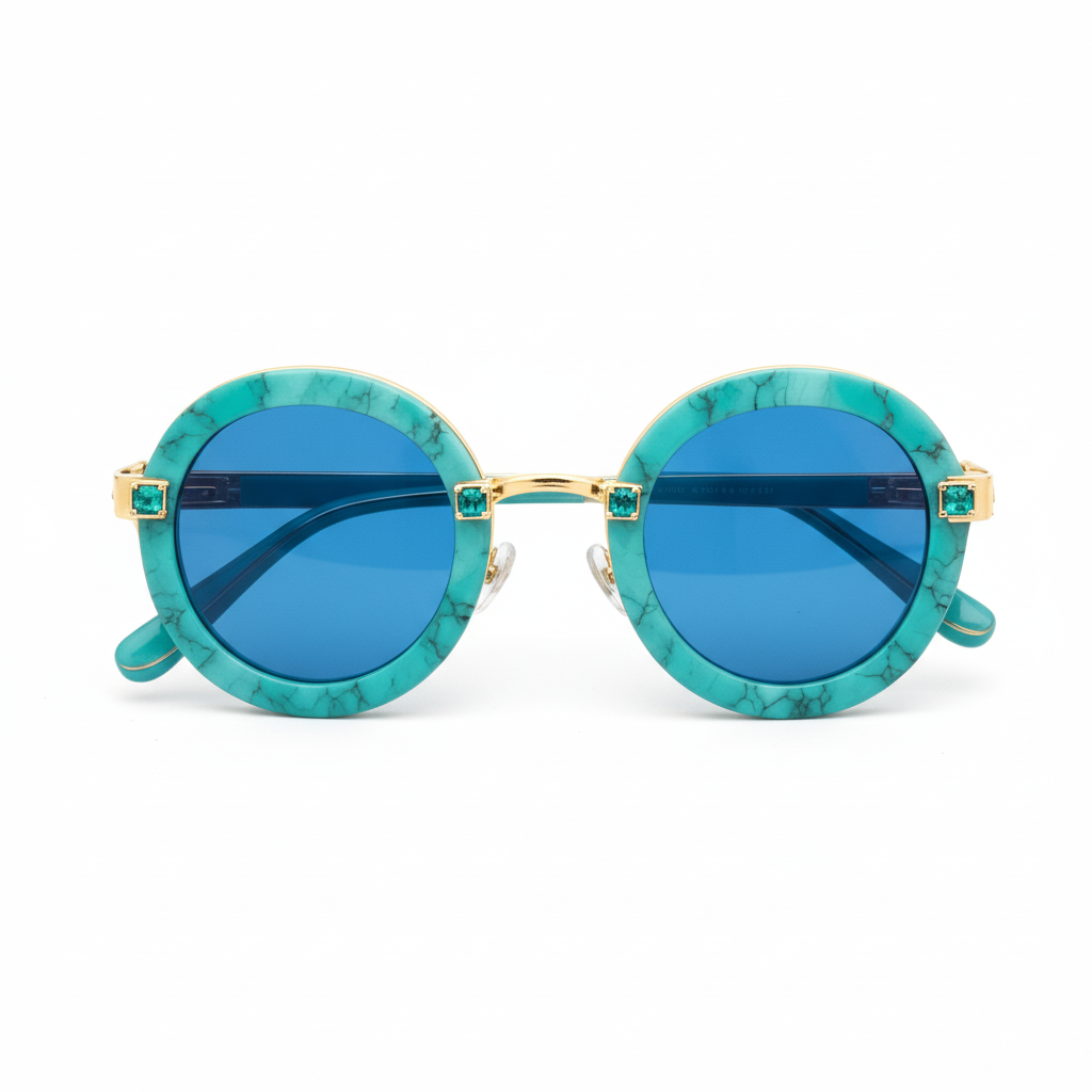 Vintage Round Turquoise Marble Acetate Custom Sunglasses MEEW045 Front View front‑view vintage round turquoise marble acetate women sunglasses MEEW045, gold metal with crystal inlay, blue tint lenses white background