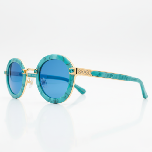 vintage round turquoise marble acetate luxury sunglasses, gold metal with crystal inlay, women custom eyewear MEEW045
