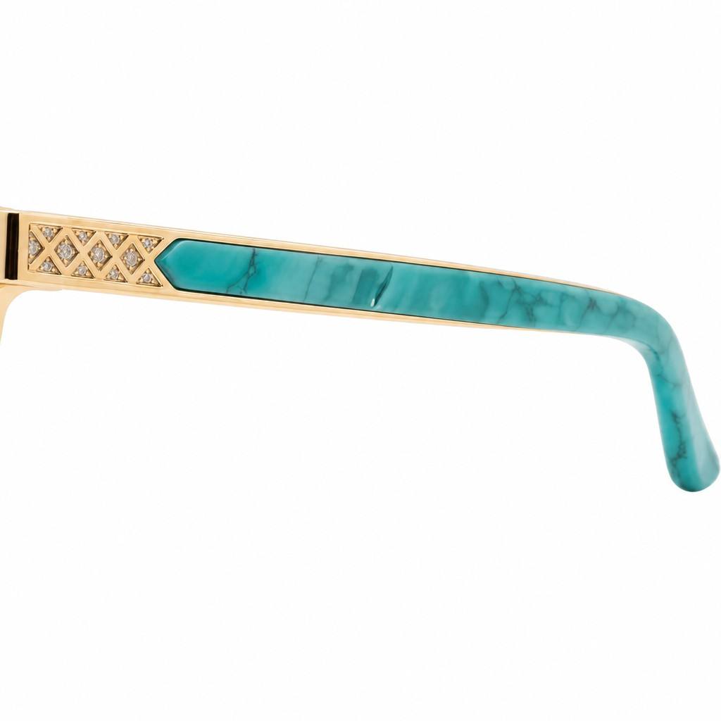 MEEW045 Sunglasses Temple & End Tip Detail Close‑Up MEEW045 sunglasses full temple close‑up, turquoise marble acetate inlay end tip, gold‑tone hollow grid metal arm for women custom eyewear