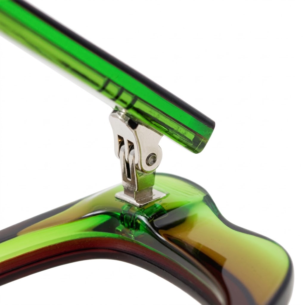 Layered Acetate Eyeglasses Green Yellow Optical Frame MEEW135 Hinge Detail Layered Acetate Eyeglasses Green Yellow Optical Frame MEEW135 Hinge Detail - Precision Eyewear Factory