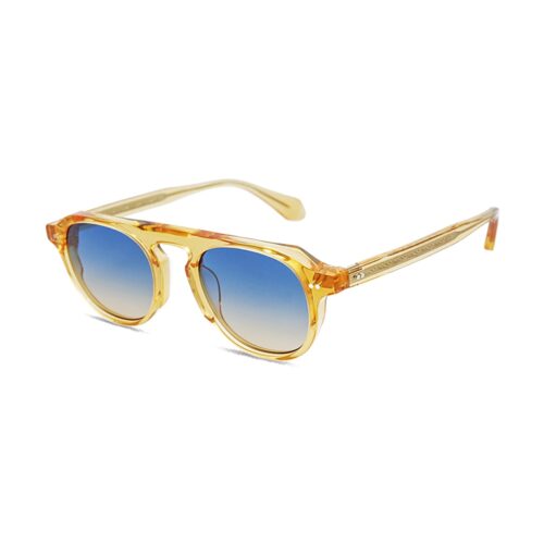 Square Acetate Vintage Retro UV400 Sunglasses Yellow Frame Blue Gradient Lens Side View - OEM/ODM Eyewear Factory